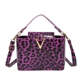 Chic purple leopard print tote bag with glossy finish and gold metal V decoration - Purple