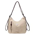 Elegante bolso tote beige de piel sintética con correas marrones y logo metálico - Blanco Roto