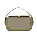 Olive green leather and grey twill luxury box bag with gold lock and top handle - Green