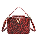 Fashionable leopard print crossbody box bag with gold V clasp and glossy finish - Red