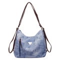 Bolso tote de lona lavada azul con correas marrones y detalle de metal triangular - Azul