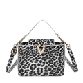 Glossy leopard print shoulder bag with gold V-shaped logo and adjustable strap - Black