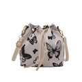 White bucket bag with black butterfly print, drawstring closure and golden hardware - Black Butterfly Pendant