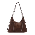 Brown vintage hobo shoulder bag with double zippers and decorative long ribbons - Brown