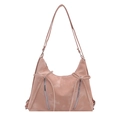 Pink faux leather tote bag with double zippers and decorative bow on white background - Pink