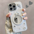 Detailed view of iPhone case with pearl mirror, silver bow and sparkling rhinestones - Electroplated Glitter Drip Glue Star Pearl Bow Mirror / iPhone 7/8/SE 2020