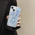 Detail of transparent iPhone case with real blue hydrangeas and silver foil flakes - Full Screen Blue Hydrangea (iPhone 7/8/SE 2020)
