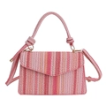 Pink striped woven handbag with knotted handle and shoulder strap on white background - Pink