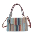 Colorful striped woven straw handbag with chain strap and top handle for women - Blue