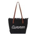 Large black canvas tote bag with white Summer embroidery and fringe details for women - Black