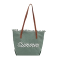 Harajuku dark green canvas tote bag with Summer embroidery and fringed edges - Green