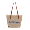 Beige canvas tote bag with Summer letter print and brown leather handles on white background - Khaki