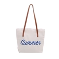 Large capacity canvas tote bag with Summer print and brown faux leather straps - White