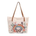 Off-white canvas tote bag featuring rainbow floral prints and brown leather straps - White