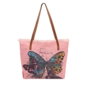 Pink canvas bucket tote bag featuring colorful butterfly prints and lace trim decoration - Pink