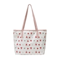 White casual tote bag with pink straps and cute bear patterns for women's summer style - Bear & Heart Print (Style 2)