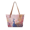 Large canvas tote bag with colorful peacock oil painting pattern and tassel trim decoration - Purple