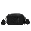 Black crossbody camera bag with embossed logo and black and white woven wide strap - Black