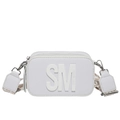 White leather camera crossbody bag with embossed logo and wide geometric shoulder strap - White