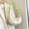 Chic beige ruched dumpling bag with vibrant neon green drawstring shoulder straps - No Pendant / White