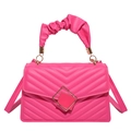 V-quilted bright pink small square bag with ruched handle and gold geometric magnetic buckle - Rose Red