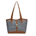 Retro grey felt tote bag with brown leather trim and golden metal lock on white background - Blue and Brown