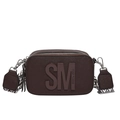 Brown leather square crossbody bag with logo and geometric patterned shoulder strap - Brown