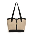 Bolso tote retro de lona en color beige y negro con hebilla dorada elegante - Beige y Negro