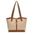 Bolso tote de lona beige con ribete de cuero marrón y cierre de metal dorado - Beige y Marrón