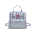Blue and white checkered mini backpack with red apple print and faux leather trim - Blue