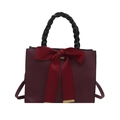 Elegant wine red square handbag with a large red silk bow and black woven handle - Burgundy