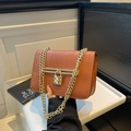 Brown crocodile texture crossbody bag with gold heart lock and chunky chain strap - Dark Brown