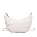 White woven crescent hobo bag with gold chain strap and textured faux leather finish - White