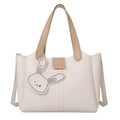 Bolso tipo cubo de cuero beige con asas marrones y un lindo colgante de conejo - Blanco