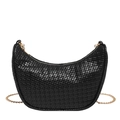Black woven leather crescent shoulder bag with elegant gold chain strap and zipper - Black