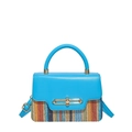 Blue leather and multicolor woven straw handbag with a gold metal clasp lock - Blue