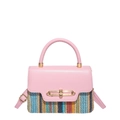 Pink patchwork straw handbag with colorful stripes and gold metal clasp closure - Pink