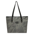 Bolso tote gris con textura de mármol, remaches dorados y correas negras de hombro - gris oscuro