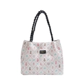 White quilted tote bag with cute cartoon bear print and black rope handles for women - Black without Pendant