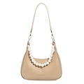 Beige half-moon hobo bag with large pearl chain and adjustable shoulder strap - Khaki