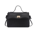 Chic black embossed geometric textured handbag with gold twist lock and top handle - Black