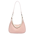 Elegant pink half-moon shoulder bag with pearl handle and detachable strap on white background - Pink