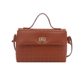 Brown Kelly style handbag with houndstooth texture and gold twist lock in front view - Brown
