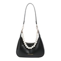 Fashionable black half moon shoulder bag with pearl chain and gold metal accents - Black