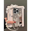 Close-up of mirror phone case with 3D diamond butterflies and pearl wrist strap - Electroplated Mirror With Three Butterfly And Pearl Chain / iPhone 7/8/SE 2020