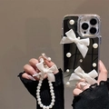 Black mirror iPhone case featuring 3D white silk bows, pearls, and a matching pearl hand chain - Mirror Silver - Pearl Bow Chain / iPhone 7/8/SE 2020
