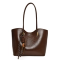 Grande borsa tote minimalista marrone scuro in pelle cerata lucida con ciondolo - con portachiavi / Marrone