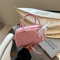 Pink Boston handbag with lace bow and pearl pendant, elegant matte leather crossbody bag - Pink with Pendant