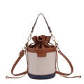 Borsa a secchiello cilindrica in tela beige con contrasti in pelle marrone e blu - Nero
