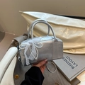 Silver mini Boston handbag with glossy finish, lace bow and pearl charm details - Silver (With Pendant)
